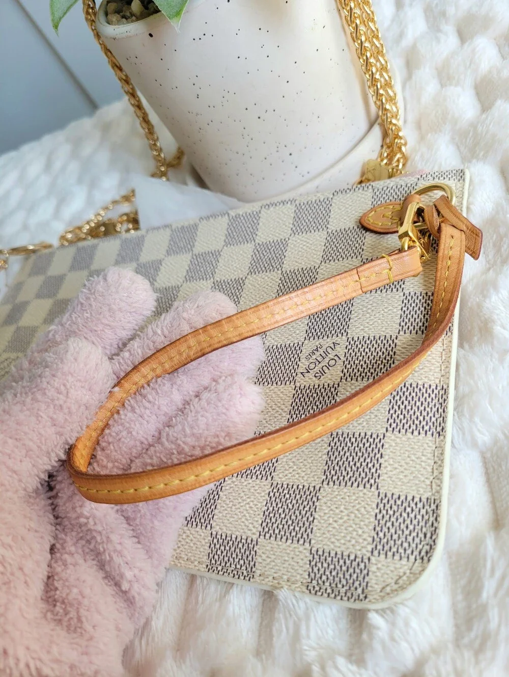 💕 Louis Vuitton Neverfull Mm/Gm Clutch Wristlet Damier Azur Rose Ballerine